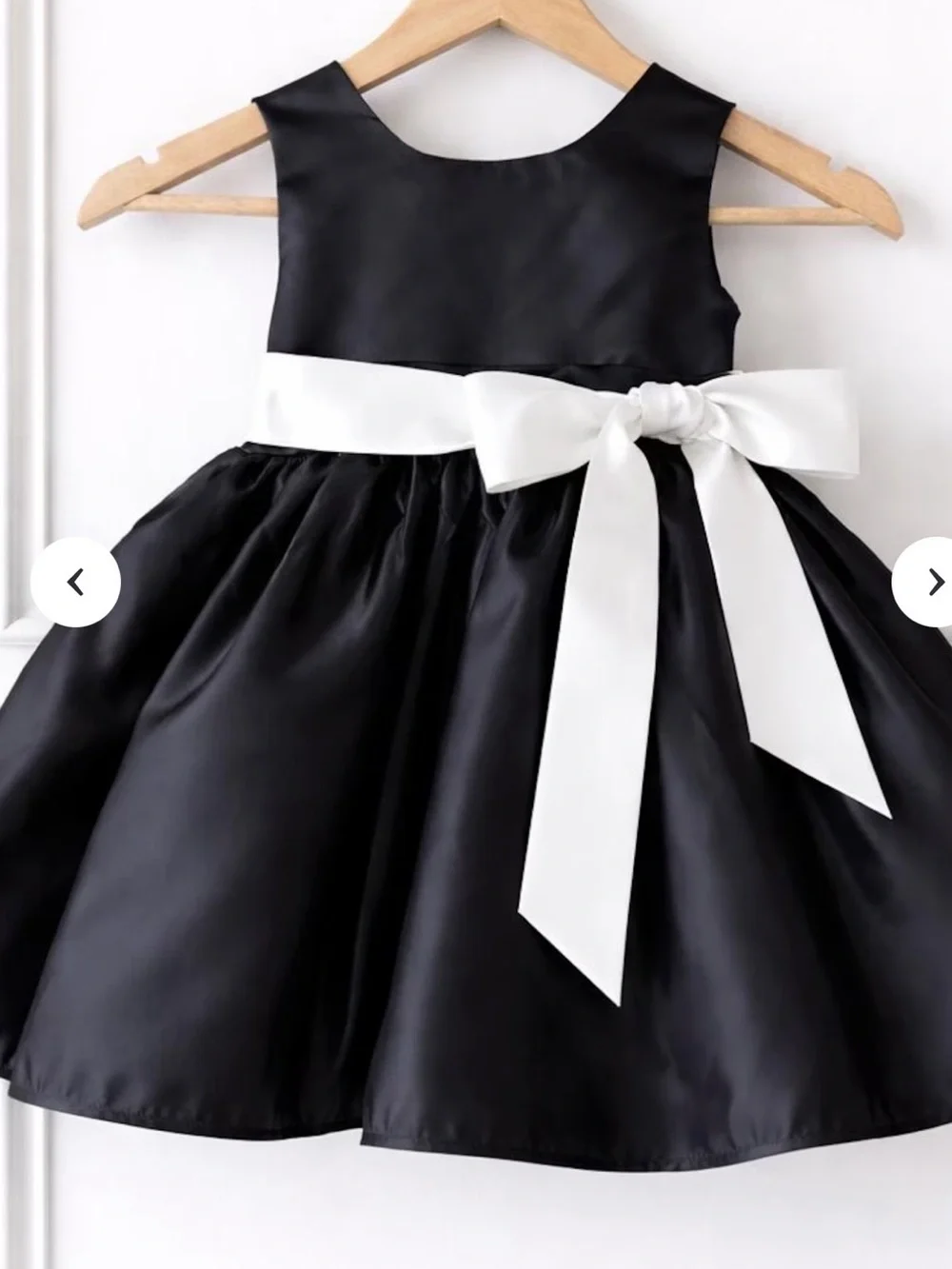 Bought on Etsy….Classic Black Satin Flower Girl Dress with White Sash.